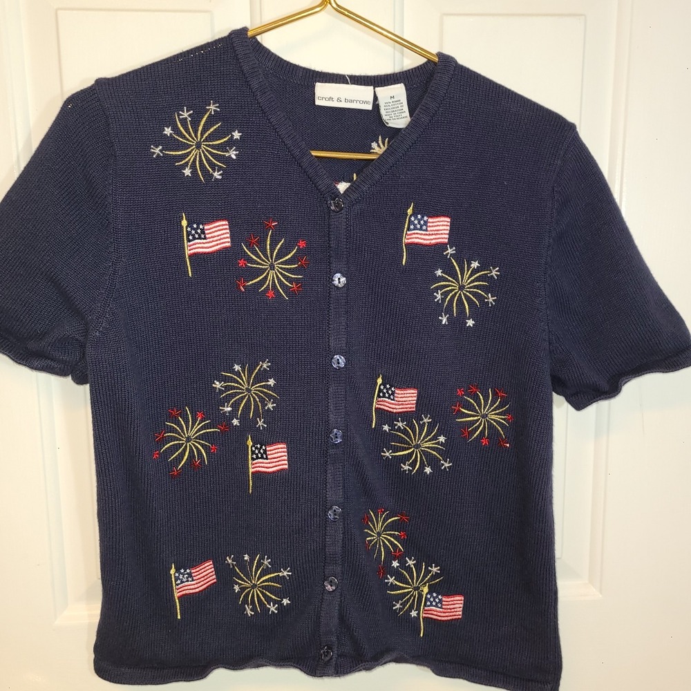 Croft & Barrow Embroidered Sequin American Fireworks Women's Button Cardigan Med